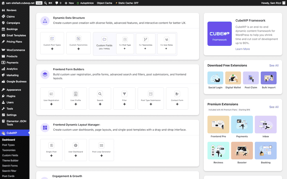 Screenshot of the CubeWP Dynamic Data Builder showing Custom Fields, Field Groups, and Relationships.